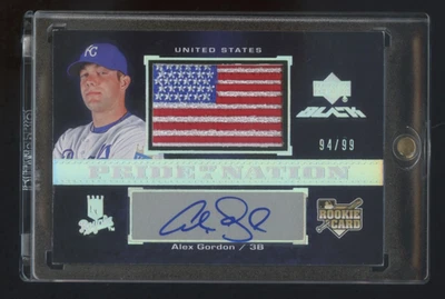 2007 UD BLACK ALEX GORDON RC AUTOGRAPH *USA* FLAG JUMBO PATCH #ED 94/99  RARE - Image 1 of 2