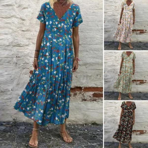 Mujeres Verano Manga Corta Cuello en V Floral Estampado Vestido Largo Vacaciones Playa Solero - Imagen 1 de 43