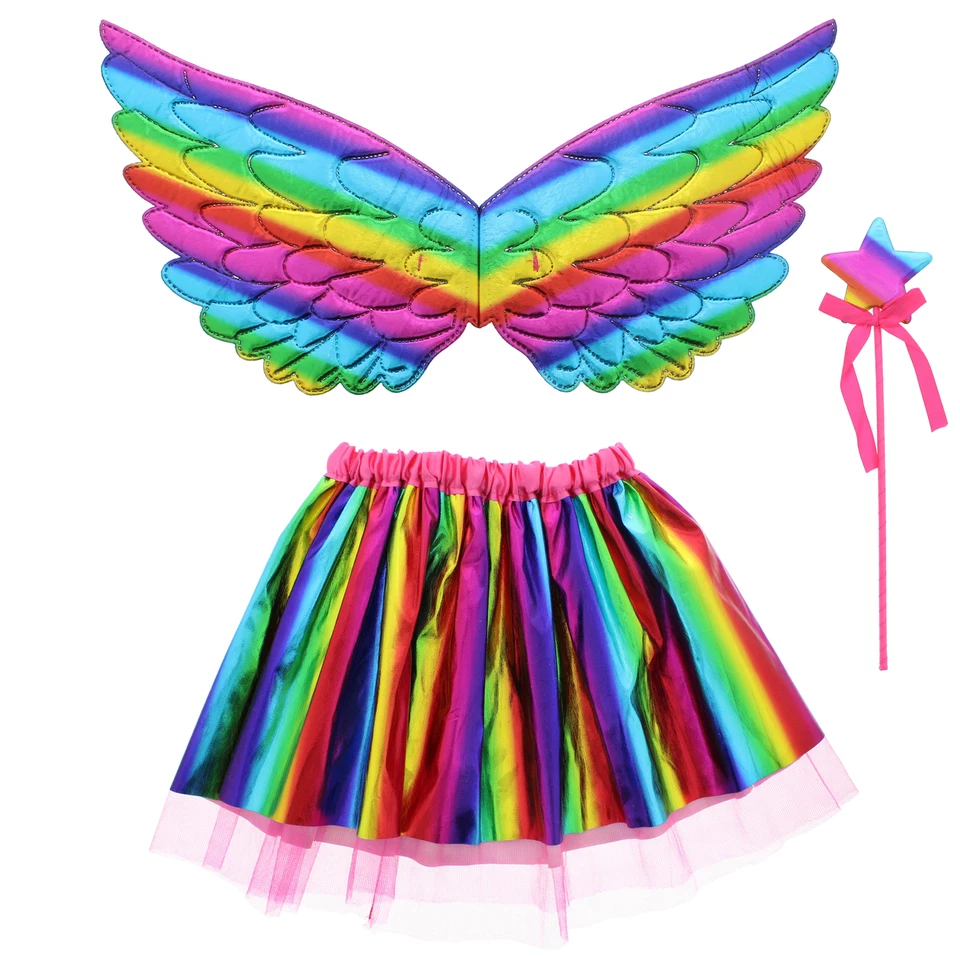 3 Piece Fancy Dress Girls Shiny Rainbow Wings, Wand & Tutu Fairy Angel Set - Image 1 of 1
