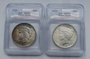 1922 & 1923 ICG MS65 Silver Peace Dollars - ICG Dallas Hoard Labels - Picture 1 of 6