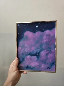 Original Oil Painting, Whimsical Cloud Painting In Brass Vintage Frame 8x10 - Picture 1 of 6