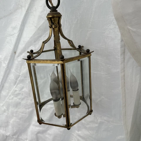 Vintage Brass Glass Ceiling Three Bulb Hanging Light Fixture Tested - Works Cover