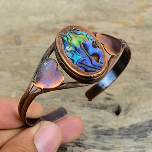Brazalete de compromiso corazón electroformado piedra concha de abulón ovalado joyería cobre - Imagen 1 de 6
