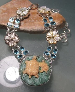 925 silver 76gr cut topaz,  mother of pearl and turtle cow bone carved necklace. - Picture 1 of 4