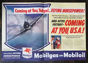 Vintage 1945 Mobilgas Mobiloil WWII Navy Fighter Plane Two Page Original Ad 324 - Picture 1 of 1