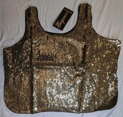 Vintage Elegance By Anujan Hand Made All Over Gold Sequin Silk Crop Tank Top XL - Image 1 of 4