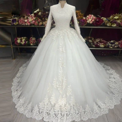 Muslim Wedding Dresses Long Sleeves High Neck Lace Appliques A Line Bridal Gowns - Image 1 of 4