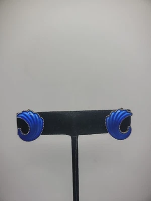 Vintage Earrings Sterling Silver 925 Clip On Norway Guilloche Blue Elvick - Image 1 of 4