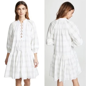 Tory Burch Cotton Lace-up Plaid Short Dress In Windowpane Cotton, size XS - Picture 1 of 9