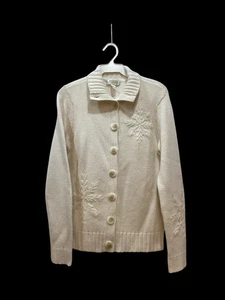 Talbots Sweater Sz M Vanilla Cardigan Christmas Snowflakes Beaded Angora Dressy - Picture 1 of 8
