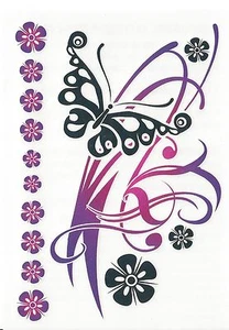 HOJA PEQUEÑA TAT MARIPOSA Y FLORES PÚRPURA ROSA NEGRO Tatuaje Temporal - Imagen 1 de 1