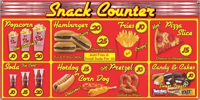 SNACK BAR CONCESSIONS MOVIE THEATER MENU RETRO SIGN REMAKE ALUMINUM SIZE OPTIONS - Image 1 of 2