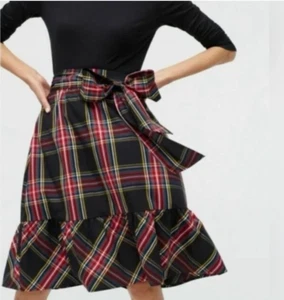 J. Crew Big Bow Stewart Tartan Plaid Cotton Ruffle Skirt Black Red Green Size 00 - Picture 1 of 14