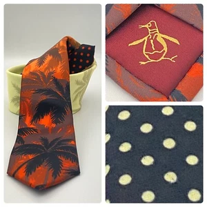 Penguin Tropical Hawaiian Skinny Necktie Palm Tree Polka Dot Orange Yellow - Picture 1 of 9