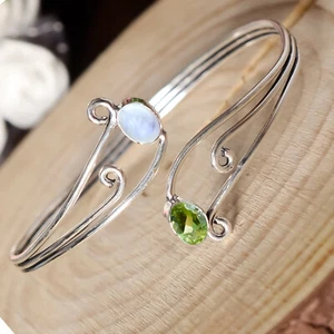 Rainbow Moonstone, Peridot Cut Gemstone Bracelet 925 Sterling Silver Cuff Bangle - Picture 1 of 8