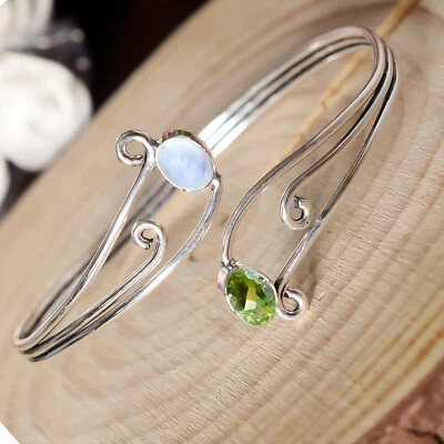 Rainbow Moonstone, Peridot Cut Gemstone Bracelet 925 Sterling Silver Cuff Bangle - Image 1 of 4