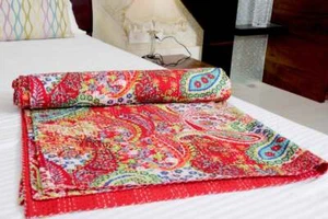 Colcha Kantha hecha a mano india con estampado de cachemira vintage hecha a mano colchas manta - Imagen 1 de 4