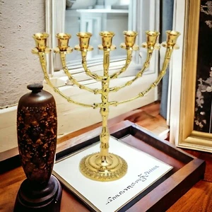 Portacandele Menorah in ottone tamburo 7 rami oro menora - 11" (27 cm) altezza - Foto 1 di 17