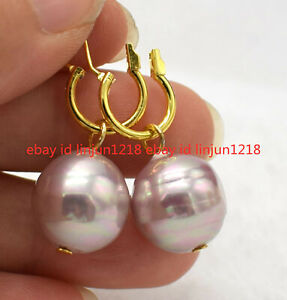 14mm Round South Sea Baroque Purple Shell Pearl Dangle Earring 14K Gold