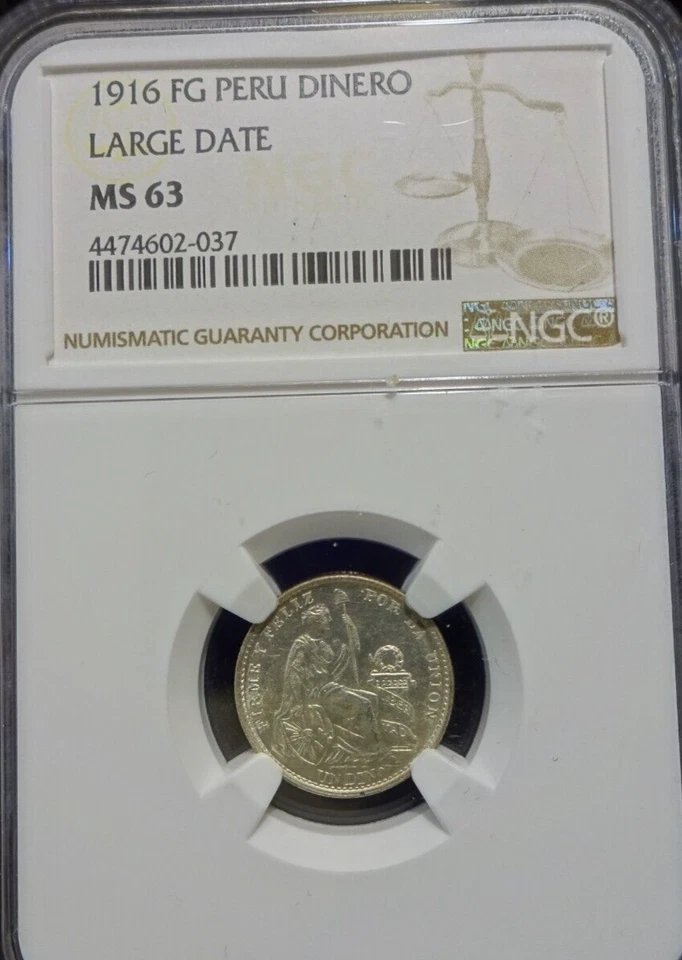 Peru 1916 FG Dinero Large date MS 63 NGC - Image 1 of 4