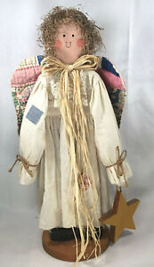 Wooden Handcrafted Primitive Folk Art Angel Quilted Wings 22" Muslin Dress Pants