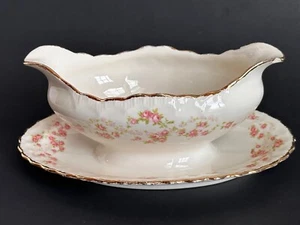 Pope Gosser FLORENCE Gravy Sauce Boat Pink Rose Garland Scalloped Gold Edge 1944 - Picture 1 of 6