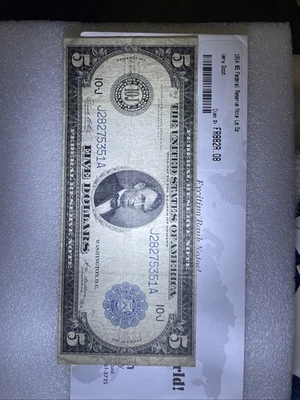 1914 $5 Federal Reserve Note Large Note-111 years old. SEE PHOTOS FOR CONDITION - Image 1 of 4