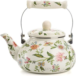 Vintage Enamel Tea Kettle 2.6 Qt Green Floral Steel Teapot with Porcelain Handle - Picture 1 of 9