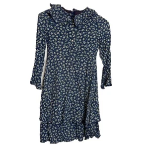 Vintage Sylvia Whyte Blue Floral Girls Long Sleeve Rayon Dress 10 - Picture 1 of 9