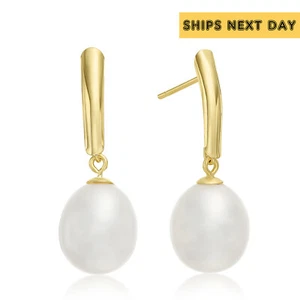 14K Real Solid Gold Natural White Oval Freshwater Cultured Pearl Studs Earrings - Picture 1 of 7