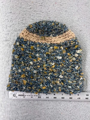 Handmade Beanie Toque Adult One Size Blue Yellow Knit Cotton Blend Snow Ski - Image 1 of 4