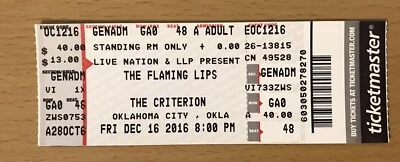 2016 THE FLAMING LIPS OKLAHOMA CITY CONCERT TICKET STUB SOFT BULLETIN EMBRYONIC - Image 1 of 2