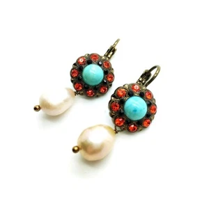 Mariana Earrings Howlite Chinese Turq, Pearl Mineral & Swarovski Crystal Cari... - Picture 1 of 3