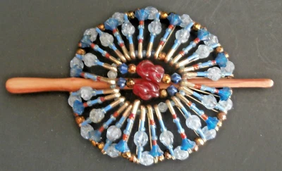 HAIRPIECE--BEADED VINTAGE BOHO-GOLD SAFETY PINS & BLUE GLASS BEADS #4 - Image 1 of 4