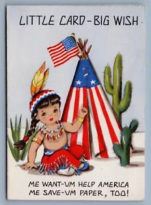 Tarjeta de cumpleaños Hallmark 1942 Indian Girl Tepee bandera americana - Imagen 1 de 3