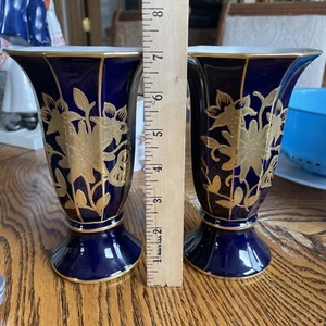 JLMenau German Echt Kobalt Graf Von Henneberg Porcelain 7" Vase Pair Gilded Flor - Picture 1 of 8