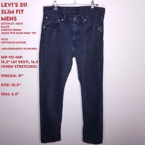 Levi's 511 Slim Fit Mens 32x31 Black Stretch Denim Jeans PC9-04511-0168 "511" - Picture 1 of 19