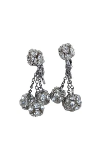 Vintage Silver Tone Rhinestone Ball Bead Drop/Dangle Clip Earrings - Picture 1 of 6
