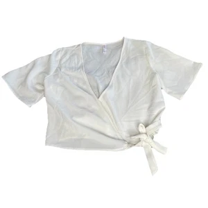 Xhilaration Women's Wrap Cropped Top White Short Sleeve Plunge V Neck Medium - Picture 1 of 10