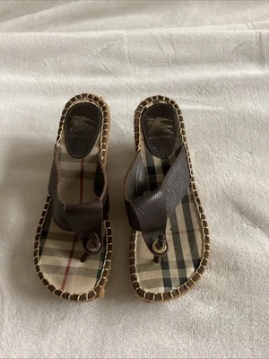 BURBERRY Womens BROWN Leather NOVA CHECK WEDGE ESPADRILLES Flip Flops Shoes 37 7 - Image 1 of 4