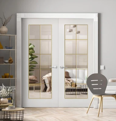PREMDOR White Clear Glass French Door 20L Gold Strips Pre-Finished Double Door - Image 1 of 3