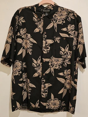 Mens Black/beige Floral Silk Button Up Front Pocket Travel Shirt - Image 1 of 4