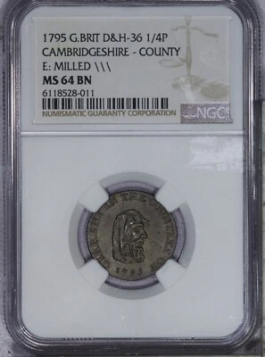 1795 Great Brittain D&H-36 1/4P Cambridgeshire - County NGC MS64 BN LB - Image 1 of 2