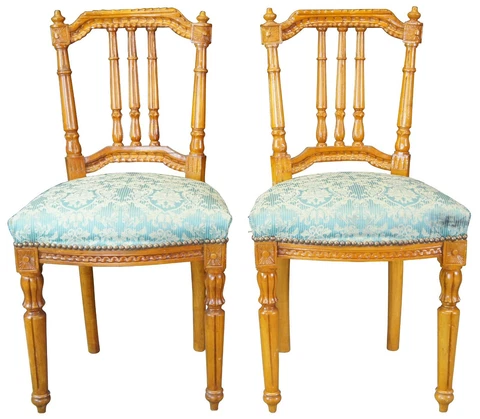 2 Antique French Louis XVI Carved Birch Side Accent Chairs Brocade Seat Cover