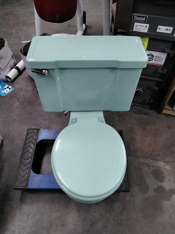 Vintage 1950 Aqua Blue Green Porcelain Toilet With Caps And Seat Great Shape Cover