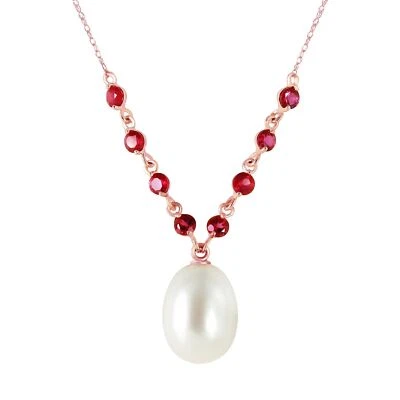 5 Carat 14K Solid Rose Gold Elegant Necklace Natural Rubys with Pearl 14"-24" - Image 1 of 4