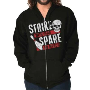 Spike With Fear Spare No Mercy Bowling Skull Sweatshirt Zip Up Hoodie Men Women - Picture 1 of 8