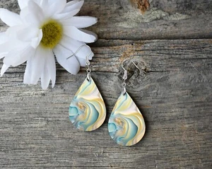 Blue and Yellow Dunes Print Wood Dangle Teardrop Print Earrings Jewelry - Picture 1 of 8