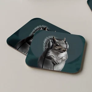 Grey Squirrel Coaster Drinks Tea Coffee Music Headphones DJ Music Small Rodent - Picture 1 of 1