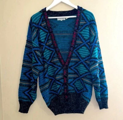 Cardigã SANTANA vintage anos 80 azul geométrico gola V botão para cima suéter masculino G - Imagem 1 de 4